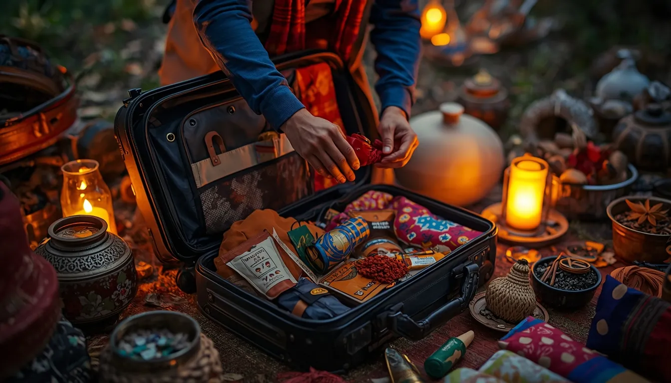 Valise ouverte contenant des vêtements et accessoires de voyage