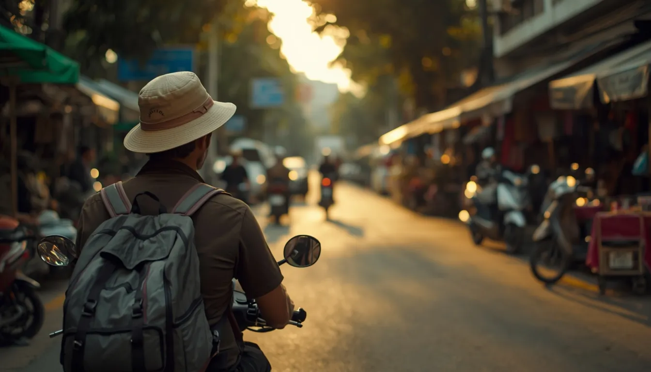 Voyageur avec sac à dos et appareil photo dans une rue fréquentée