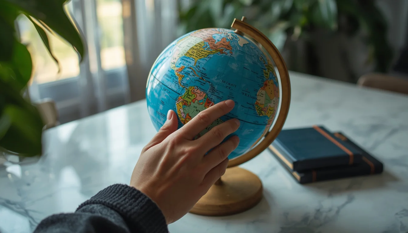 Main posée sur un globe terrestre pour préparer un voyage
