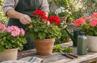 Jardinier retirant une feuille sèche de pélargoniums fleuris en pots