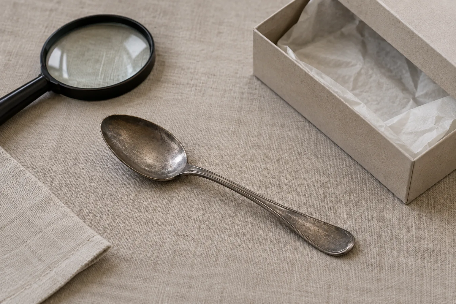 Petite cuillère ancienne générique avec loupe et boîte de conservation