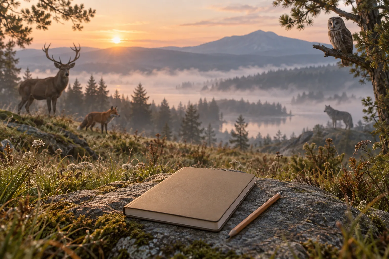 Cerf, renard, loup et chouette dans un paysage naturel avec un carnet vierge