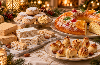 Turrón, polvorones, mazapán et roscón de Reyes sur une table de Noël espagnole