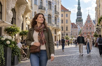Voyageuse avec sac porté devant elle dans une rue historique animée de Riga