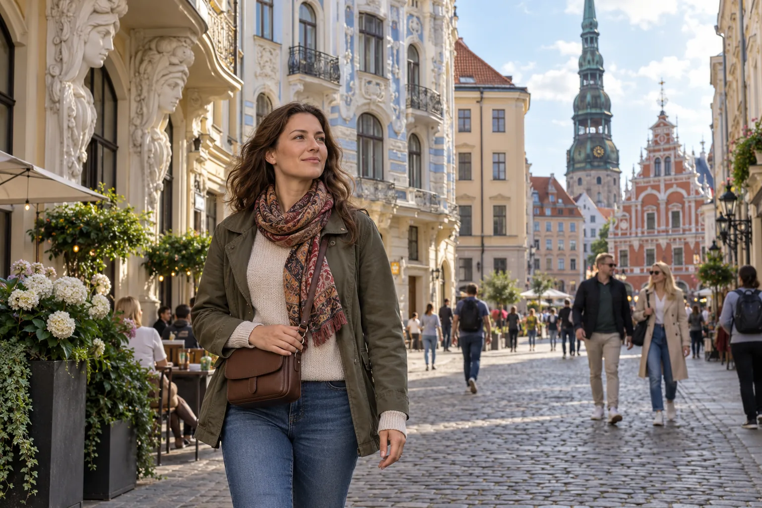 Voyageuse avec sac porté devant elle dans une rue historique animée de Riga